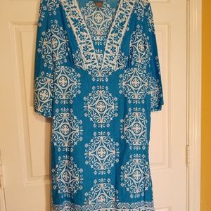 Ann Taylor Blue/White Dress Sz L Linen Blend